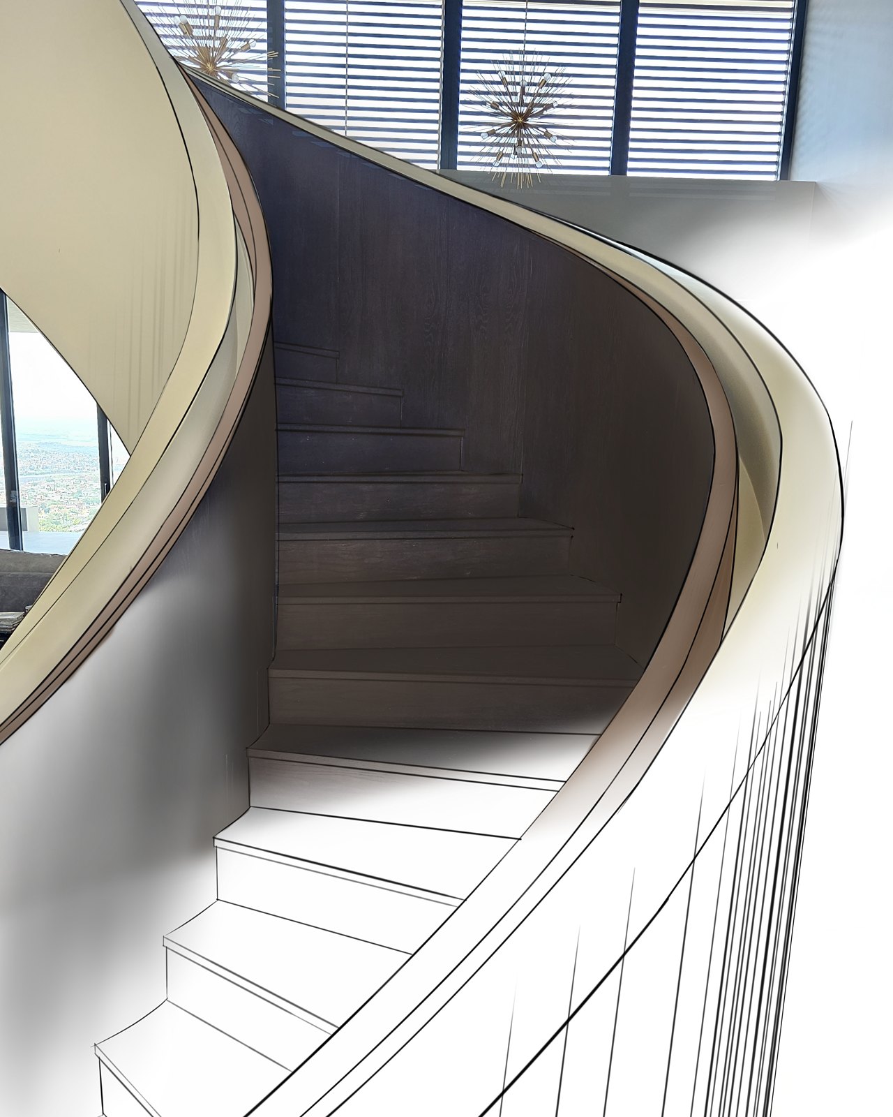 Escalera helicoidal en madera oscura, proyecto Casa Paloma
