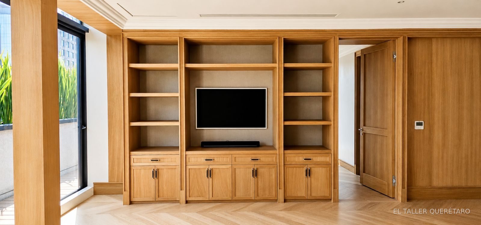 Mueble de TV integrado al librero de sala en roble europeo